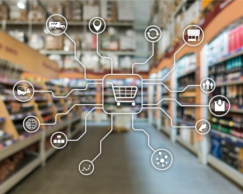 Retail marketing channels E-commerce Shopping automation concept on blurred supermarket background. Retail marketing channels E-commerce Shopping automation concept on blurred supermarket background